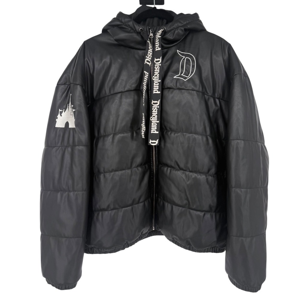 Disney Parks Disneyland Black Faux Leather Puffer‎ Jacket Embroidered Size XL
